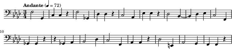 
  \relative c { \clef bass \time 3/4 \key f \minor \tempo "Andante" 4 = 72 f2 g,4 | c c r | f2 ges,4 | des' des r | c2 aes4 | ees' ees r | des2 bes4~ | bes des ees | c2 f,4 | ges ges r | r ges aes | bes2 des4 | c2 f,4 | aes aes r | des2 e,4 | aes2 g4 | f f r }
