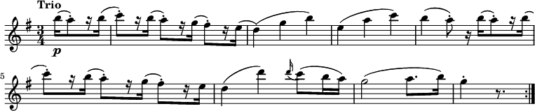 
\version "2.18.2"
\relative c'' {
  \key g \major
  \time 3/4
  \tempo "Trio "
  \tempo 4 = 122
  \partial 16 * 5 b'16 \p [(a8-.) r16 b16]
  (c8-.) [r16 b] (a8-.) [r16 g] (fis8-.) [r16 e]
  (d4) (g b)
  e, (a c)
  b (a8-.) r16 b [(a8-.) r16 b16]
  (c8-.) [r16 b] (a8-.) [r16 g] (fis8-.) [r16 e]
  d4 (d') \grace d16 (c8) (b16 a)
  g2 (a8. b16)
  g4-. r8.  \bar ":|."
  
}
