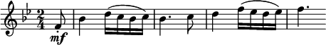  \relative f' {
\key bes \major \time 2/4
\partial 8 f8-. \mf bes4 d16( c bes c) bes4. c8 d4 f16( es d es) f4.
} 