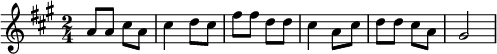 {\key a \major \time 2/4 a'8 a' cis'' a' cis''4 d''8 cis'' fis'' fis'' d'' d'' cis''4 a'8 cis'' d'' d'' cis'' a' gis'2}