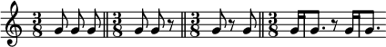 
{\numericTimeSignature
\autoBeamOff
\time 3/8 g'8 g' g' \bar "||"
\time 3/8 g'8 g' r8 \bar "||"
\time 3/8 g'8 r8 g' \bar "||"
\autoBeamOn
\time 3/8 \partial 16
g'16[ | g'8.] r8 g'16[ | g'8.]
}
