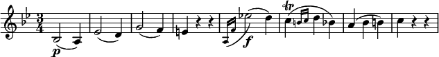  \relative bes {
\key bes \major \time 3/4
bes2( \p a4) | es'2( d4) | g2( f4) | e4 r r
\appoggiatura { a,16 f' } es'!2( \f d4) | \afterGrace c4( \trill { b16 c } d4 bes)
a4( bes b) | c4 r r
} 