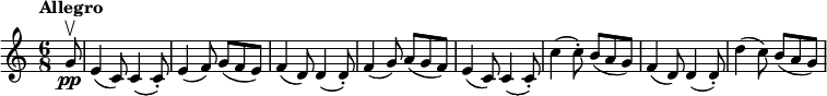 
\new Staff {
  \time 6/8
  \clef treble
  \set Score.tempoHideNote = ##t
  \tempo Allegro 4. = 120
  \transpose d c { \relative c'' {
    \partial 8 a8\pp\upbow | fis4( d8) d4( d8-.) | fis4( g8) a( g fis) | g4( e8) e4( e8-.) | g4( a8) b( a g) |
    fis4( d8) d4( d8-.) | d'4( d8-.) cis( b a) | g4( e8) e4( e8-.) | e'4( d8) cis( b a) |
  } }
}
