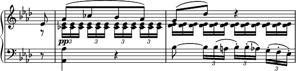 
 \relative c' {
  \new PianoStaff <<
   \new Staff \with { \remove "Time_signature_engraver" } { \key aes \major \time 2/4 \partial 8
    <<
     { es8 aes[( ces bes aes)] g( des') d4\rest }
    \\
     {
      r8 \times 2/3 { <es, ces>16[ <es ces> <es ces>] } \times 2/3 { <es ces> <es ces> <es ces> }
      \times 2/3 { <es ces>[ <es ces> <es ces>] } \times 2/3 { <es ces> <es ces> <es ces> }
      <es des>16*2/3[ <es des> <es des>] <es des> <es des> <es des>
      <es des>[ <es des> <es des>] <es des> <es des> <es des>
     }
    >>
   }
   \new Dynamics {
    s8 s4\pp
   }
   \new Staff \with { \remove "Time_signature_engraver" } { \key aes \major \time 2/4 \clef bass \partial 8
    r8 <aes, aes,>4 r
    bes8~ \times 2/3 { bes16[ bes( a] } \times 2/3 { bes-.)[ bes-.( aes)] } \times 2/3 { g-.( f-. es-.) }
   }
  >>
 }
