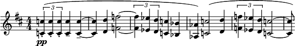 
\relative c' {
  \key d \major
  \numericTimeSignature
  \time 4/4
   \tuplet 3/2 { <c' c,>4-.\pp(<c c,>-. <c c,>-.} <c c,>-- <c c,>-- ~ |
    <c c,>\< <d d,> <f f,>2  ~ | 
   \tuplet 3/2 { <f f,>4\> <ees ees,> <d d,>} <c c,> <bes bes,> |
    <aes aes,>) <c c,>2( <d d,>4 |
   \tuplet 3/2 { <f f,> <ees ees,> <d d,> } <c c,>2 ~ | <c c,>8) |
  }
