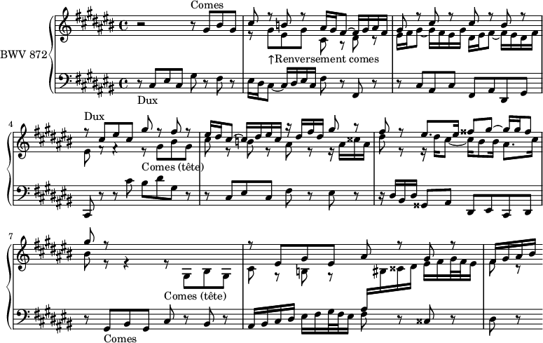 
\version "2.18.2"
\header {
  tagline = ##f
}

Dux        = { r8-\markup{Dux} cis8 eis cis gis' r8 fis r8 | eis16 dis cis8~ cis16 dis eis cis }
DuxTête    = { r8^\markup{Dux court} cis8 eis cis gis' r8 fis }
Comes      = { b8\rest-\markup{Comes} gis8 bis gis cis r8 b r8 ais16 gis fis8~ fis16 gis ais fis }
ComesTête  = { r8_\markup{Comes (tête)} gis8 bis gis cis r8 b r8 }
Semoc      = { r8 gis8_\markup{↑Renversement comes} eis gis cis, r8 dis r8 | eis16 fis gis8~ gis16 fis eis gis }
Xud        = { r8^\markup{Renversement dux} cis8 ais cis fis, r8 }
XudTête    = { r8^\markup{Renversement dux (tête)} cis8 ais cis fis }

upper = \relative c'' {
  \clef treble 
  \key cis \major
  \time 4/4
  \tempo 4 = 69
  \set Staff.midiInstrument = #"harpsichord" 

   %% FUGUE CBT II-3, BWV 872, ut-dièse majeur
   << { b2\rest \Comes gis8 r8 cis r8 cis r8 bis r8 } \\ { s1 \Semoc dis16 eis fis8~ fis16 eis dis fis } >>
   << { \relative c'' \Dux r16 dis'16 fis dis gis8 r8 fis8 r8 eis8. eis16 fisis8 gis~ gis16 gis fisis8 gis r8 } \\ { eis,8 fisis8\rest fisis4\rest \ComesTête ais8 r8 r16 ais16 cisis ais dis8 r8 r16 dis16 cis8~ cis16 bis8 bis16 ais8. cis16 bis8 r8 r4 } >>
   << { s2 r8 \relative c' eis8 gis eis ais r8 gis r8 fis16 gis ais bis } \\ { \relative c' \ComesTête \stemUp \change Staff = "lower" ais,16 \stemDown \change Staff = "upper" bis16 cisis dis eis fis gis32 fis eis16 fis8 r8 } >>
   
}

lower = \relative c {
  \clef bass 
  \key cis \major
  \time 4/4
  \set Staff.midiInstrument = #"harpsichord" 
    
   \Dux fis8 r8 fis, r8 
   r8 cis'8 ais cis fis, ais dis, gis cis, r8 r8 cis''8 bis dis gis, r8 r8 cis,8 eis cis fis r8 eis r8
   r16 dis bis dis gisis,8 ais dis, eis cis dis 
   r8 gis8-\markup{Comes} bis gis cis r8 bis r8 | ais16 bis cis dis eis fis gis32 fis eis16 fis8 r8 cisis r8 | dis r8
    
} 

\score {
  \new PianoStaff <<
    \set PianoStaff.instrumentName = #"BWV 872"
    \new Staff = "upper" \upper
    \new Staff = "lower" \lower
  >>
  \layout {
    \context {
      \Score
      \remove "Metronome_mark_engraver"
    }
  }
  \midi { }
}
