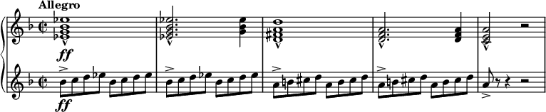 
\relative c' {
  \new PianoStaff <<
    \new Staff {
      \set Staff.midiInstrument = #"french horn" \key d \minor \clef treble \time 2/2 \set Score.tempoHideNote = ##t \tempo "Allegro" 2 = 110
      <es g bes es>1 \ff _^ |
      <es g bes es>2. _^ <g bes es>4 |
      <d fis a d>1 _^ |
      <d f a>2. _^ <d f a>4 |
      <c e a>2 _^ r2 |
    }
    \new Staff {
      \set Staff.midiInstrument = #"string ensemble 1" \key d \minor \clef treble \time 2/2
      bes'8 -> \ff c8 d8 es8 bes8 c8 d8 es8 |
      bes8 -> c8 d8 es8 bes8 c8 d8 es8 |
      a,8 -> b8 cis8 d8 a8 b8 cis8 d8 |
      a8 -> b8 cis8 d8 a8 b8 cis8 d8 |
      a8 -> r8 r4 r2 |
    }
  >>
}
