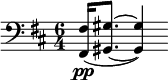 
\relative c' {
  \key d \major
  \numericTimeSignature
  \time 6/4
  \clef bass
     <fis, fis,>16\pp ( <gis gis,>8. ~ <gis gis,>4) 
   }
