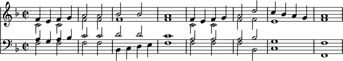  \relative f'
 <<
   {  \clef violin \key f \major \time 2/2
   <<   { f4 e f g a2 a b b a1 f4 e f g a2 d c4 b a g a1 }
        \\
        { c,2 c f f f1 f c2 c f f e1 f  }
   >> }
   \\   \new Staff
   {  \clef bass \key f \major \time 2/2 
   <<   { a,4 g a b c2 c d d c1 a2 a a b g1 f }
        \\
        { f2 f f f b,4 c d e f1 f2 f f b, c1 f, }
   >> }
>> 