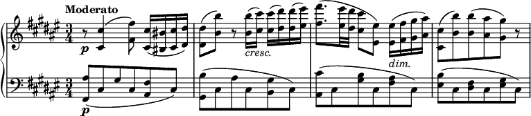 
{ \new PianoStaff <<
\new Staff \relative cis' { \set Staff.midiInstrument = #"piano" \key fis \major \clef treble \time 3/4 \set Score.tempoHideNote = ##t \tempo "Moderato" 4 = 54
 r8 \p <cis cis'>4 (<fis fis'>8 ) <cis
 cis'>16 (<bis bis'>16 <cis cis'>16 <dis dis'>16 ) | % 2
 <dis dis'>8 (<b' b'>8 ) r8 <b b'>16 _\markup{ \italic {cresc.} } (
 <cis cis'>16 ) <cis cis'>16 (<dis dis'>16 ) <dis dis'>16 (<eis
 eis'>16 ) | % 3
 <fis fis'>8. (<eis eis'>32 <dis dis'>32 <cis cis'>8 <eis, eis'>8 )
 <eis eis'>16 _\markup{ \italic {dim.} } (<fis fis'>16 <gis gis'>16
 <ais ais'>16 ) | % 4
 <cis, cis'>8 (<b' b'>8 ) <b b'>8 (<ais ais'>8 <gis gis'>8 ) r8
 }
\new Staff \relative fis, { \set Staff.midiInstrument = #"piano" \key fis \major \clef bass \time 3/4
 <fis ais'>8 \p (cis'8 gis'8 cis,8
 <ais fis'>8 cis8 ) | % 2
 <gis b'>8 (cis8 ais'8 cis,8 <b gis'>8 cis8 ) | % 3
 <ais cis'>8 (cis8 <gis' b>8 cis,8 <fis ais>8 cis8 ) | % 4
 <eis b'>8 (cis8 <dis fis>8 cis8 <eis gis>8 cis8 ) }
>> }
