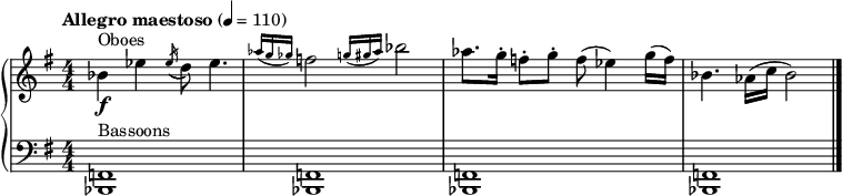 
{   \new PianoStaff << \relative bes' {
    \clef "treble" \numericTimeSignature\time 4/4 \key e \minor \tempo "Allegro maestoso" 4 = 110 | % 1
    \stemDown bes4 ^ "Oboes" _\f \stemDown es4 \acciaccatura { \stemUp es16
        ( } \stemDown d8 ) \stemDown es4. | % 2
    \grace { \stemUp as16 ( [ \stemUp g16 \stemUp ges16 ) ] } \stemDown
    f2 \grace { \stemUp g16 ( [ \stemUp gis16 \stemUp as16 ) ] }
    \stemDown bes2 | % 3
    \stemDown as8. [ \stemDown g16 ^. ] \stemDown f8 ^. [ \stemDown g8
    ^. ] \stemDown f8 ( \stemDown es4 ) \stemDown g16 ( [ \stemDown f16
    ) ] | % 4
    \stemDown bes,4. \stemDown as16 ( [ \stemDown c16 ] \stemDown bes2 )
    \bar "|."
    }
    \new Staff \relative bes,, {
    \clef "bass" \numericTimeSignature\time 4/4 \key e \minor | % 1
    <bes f'>1 ^ "Bassoons" | % 2
    <bes f'>1 | % 3
    <bes f'>1 | % 4
    <bes f'>1 \bar "|."
    } >> }
    