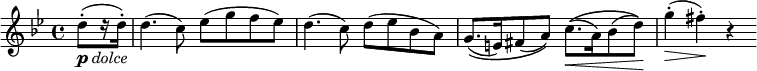 \relative c'' {
\time 4/4
\key g \minor
\partial 4 d8-.[(_\markup{\dynamic "p" \italic "dolce"} r16 d16-.]) | d4.( c8) es( g f es) | d4.( c8) d( es bes a) | 
g8.[(\( e16) fis8( a])\) c8.[(\(\< a16) bes8( d])\)\! | g4-.(\> fis-.)\! r
}