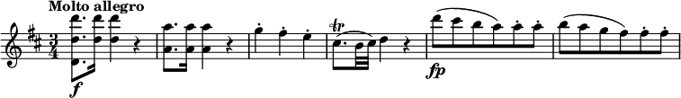 
\relative c''' {
  \override Score.NonMusicalPaperColumn #'line-break-permission = ##f
  \tempo "Molto allegro"
  \key d \major
  \time 3/4
  <d d, d,>8.\f <d d,>16 q4 r |
  <a a,>8. q16 q4 r |
  g4-. fis-. e-. |
  cis8.\trill( b32 cis) d4 r |
  d'8\fp( cis b a) a-. a-. |
  b8( a g fis) fis-. fis-. |
}
