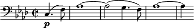  \relative c { \set Staff.midiInstrument = #"cello"  \clef bass \key f \minor \time 2/2 \partial 2*1 c4.\p(f8) | aes1~ | aes2(g4. f8) | aes1~ | aes4 } 