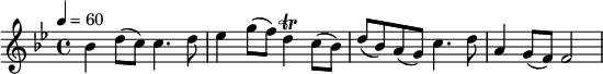 
\relative c'' {
  \set Staff.midiInstrument = #"piano"
  \tempo 4 = 60
  \clef "treble"
  \time 4/4
  \key bes \major
  bes4 d8( c) c4. d8
  |es4 g8( f) d4\trill c8( bes)
  | d( bes) a( g) c4. d8
  | a4 g8( f) f2
}
