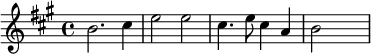 {\set Staff.midiInstrument = #"celesta" \key a \major \time 4/4 b'2. cis''4 e''2 e''2 | cis''4. e''8 cis''4 a'4 b'2 s}