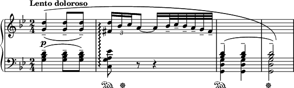 
\new PianoStaff \with { connectArpeggios = ##t } <<
  \new Staff = "up" { \relative c'' { \key g \minor \time 2/4 \clef treble
    \override Score.MetronomeMark #'padding = #4
    \set Score.tempoHideNote = ##t \tempo "Lento doloroso" 4 = 32
    \set Staff.midiInstrument = #"acoustic grand"
    \stemUp
    \once \override PhrasingSlur #'control-points = #'((0.69 . 4.69) (16.9 . 6.9) (69 . 6.9) (69 . -4))
    <g d'>4--(^\( q8-- q--) |
    \override TupletBracket #'stencil = ##f
    \override TupletNumber #'Y-offset = #-2
    \times 2/3 { <fis d'>16\arpeggio bes c } a8 ~ a16 bes32-- c-- bes-- a-- g-- fis-- |
    \change Staff = "down"
    <bes, d>4^-^( q^- | q2^-)\)
  }}
  \new Dynamics { s2\p }
  \new Staff = "down" { \relative c' { \key g \minor \time 2/4 \clef bass
    \set Staff.midiInstrument = #"acoustic grand"
    \stemDown
    <g bes d>4--( q8-- q--) |
    <c, g' a es'>8\arpeggio r r4
    <g d' g>4 q | q2
  }}
  \new Dynamics { s2 s16\sustainOn s4..\sustainOff s2\sustainOn s\sustainOff }
>>
