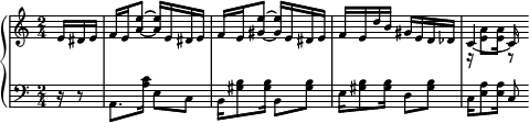 
\new GrandStaff <<
  \new Staff \with { midiInstrument = "acoustic guitar (nylon)" \magnifyStaff #5/7 }
  \relative a' { 
    \set Score.tempoHideNote = ##t
    \key a \minor
    \time 2/4
    \tempo 4 = 112
     \partial 8. e16 dis e f e <a e'>8 ~ 16 e dis e f e <gis e'>8 ~ 16 e dis e f e d' b gis e d des 
     << { 
      \voiceOne
       \tieDown c4 ~ 16
      } \new Voice { 
      \voiceTwo
       r16 <e a>8 <e a>16 r8
      } 
    >>
  }
  \new Staff \with { midiInstrument = "acoustic guitar (nylon)" \magnifyStaff #5/7 }
  \relative a {
    \clef bass
    \key a \minor
     r16 r8 a,8. <a' c>16 e8 c b16 <gis' b>8 <gis b>16 b,8 <gis' b> e16 <gis b>8 <gis b>16 d8 <gis b> c,16 <e a>8 <e a>16 c8
  }
>>
