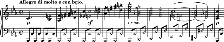 
 \relative c' {
  \new PianoStaff <<
   \new Staff { \key c \minor \time 2/2 \tempo "Allegro di molto e con brio."
    \override Score.NonMusicalPaperColumn #'line-break-permission = ##f
    <<
     {
      c2. <e bes>4-. <f aes,>-. <g e>-. <aes f>-. <b d,>-.
      <c es,!>-. <c e,>2 \stemDown <e bes!>4-. <f aes,>-. <g e>-. <aes f>-. <b d,>-.
      <c g es! c>2-. <g f b, g>-. <es c g>-. <d aes f>-.
      \stemUp <c~ es,>1( _\( <c a es>2 \) _\( <b f! d>\) )
      <c es, c>4-.
     }
     \\
     { s1 s s s s s g2 fis }
    >>
   }
   \new Dynamics {
    s1\p s s4 s2.\sf s1 s2\cresc s\! s1 s s s4\p
   }
   \new Staff { \key c \minor \time 2/2 \clef bass
    \stemUp
    c,,8 c' c, c' c, c' c, c'
    \repeat tremolo 2 { c,8 c' } \repeat tremolo 2 { c, c' }
    \repeat tremolo 2 { c, c' } \repeat tremolo 2 { c, c' }
    \repeat tremolo 2 { c, c' } \repeat tremolo 2 { c, c' }
    \repeat tremolo 2 { c, c' } \repeat tremolo 2 { d, d' }
    \repeat tremolo 2 { es, es' } \repeat tremolo 2 { f, f' }
    \repeat tremolo 2 { g, g' } \repeat tremolo 2 { aes, aes' }
    \repeat tremolo 2 { fis, fis' } \repeat tremolo 2 { g, g' }
    c,,[ c']
   }
  >>
 }
