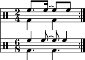 
{
       \relative c' <<
        \new Staff <<
           \new voice {
              \clef percussion
              \time 2/4
              \set Score.tempoHideNote = ##t \tempo 4 = 100       
              \stemDown \repeat volta 2 { g4 g }
       }
          \new voice {
              \set Score.tempoHideNote = ##t \tempo 4 = 100      
              \time 2/4
              \stemUp \repeat volta 2 { f'8.[ f16]^~ f8[ f8] } \bar ":|."
       } >>
       \new Staff <<
          \new voice {
              \clef percussion
              \time 2/4
              \set Staff.timeSignatureFraction = 6/8
              \scaleDurations 2/3 {
                 \set Score.tempoHideNote = ##t \tempo 8 = 100       
                 \stemDown \repeat volta 2 { g,4. g }
              }
       }
          \new voice \relative c' {
              \time 2/4
              \set Staff.timeSignatureFraction = 6/8
              \scaleDurations 2/3 {
                 \set Score.tempoHideNote = ##t \tempo 4 = 100      
                 \stemUp \repeat volta 2 { f4 f8^~ f f4 } \bar ":|."
              }
       } >>
  >> }
