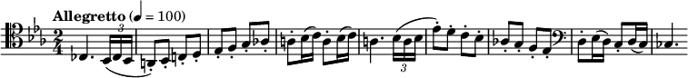 
\new Staff \with {midiInstrument = #"bassoon"}
\relative c {
\tempo "Allegretto" 4 = 100
\clef tenor
\key c \minor
\time 2/4
ces4. \tuplet 3/2 { bes16( ces bes } |
a8-.) bes-. c!-. d-. |
es-. f-. g-. as!-. |
a-. bes16( c) a8-. bes16( c) |
a4. \tuplet 3/2 { bes16( a bes } |
es8-.) d-. c-. bes-. |
as!-. g-. f-. es-. |
\clef bass
d-. es16( d) c8-. d16( c) |
ces4.
}
