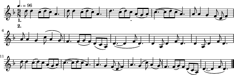 
\relative d' { \key d \minor \time 9/8  \tempo 4. = 96 \set Staff.midiInstrument = #"violin"
d'8 d4 c8( d c) a4.| d8 d4 c8( d c) a4.| d4. c8( d) c8 a8( g a)| c4. ~ ( c8 d8 c8 a4. )|
a8 a4 g4 f8( d f4)| a8 a4 g4 c8( a4 g8)| f4. f8( g f) d8( c a)|d4. ~ ( d4 f8 d4. )|
d4 a8 d4 f8 d4.| d4 a8 d4 f8 d4.| d'8 d4 c8( d) c8 a8( g a)| c4. ~ ( c8 d8 c8 a4. )|
a4. g4 f8( d f4)| a4. g4( c8) a4( g8)| f4. f8( g) f d8( c a)|d4. ~ ( d4 f8 d4. )\bar "|."}
\addlyrics {
\set stanza = #"1. "
날 좀 보 소 날 좀 보 소 날 좀 - 보 소 
동 지 섣 날 꽃 본 듯 이 날 좀 보 소 
아 리 아 리 랑 쓰 리 쓰 리 랑 아 라 리 가 났 네
아 리 랑 고 개 로 날 넘 겨 주 소}
\addlyrics{
\set stanza = #"2. "정 든 임 이 오 셨 는 데 인 사 도 못 해
행 주 치 마 입 에 물 고 입 만 방 긋}
