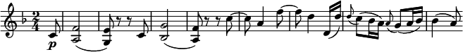  { \relative c' { \key f \major \time 2/4
\partial 8 c8 \p | <f a,>2( | <e g,>8) r r c | <g' bes,>2( | <f a,>8) r r c'~ | c8 a4 f'8~ | f8 d4 d,16( d') |
\appoggiatura d8 c8( bes16 a) \appoggiatura  a8 g8( a16 bes) | bes4( a8) }} 