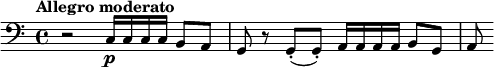  \relative c { \clef bass \time 4/4 \tempo "Allegro moderato" r2 c16\p c c c b8 a | g r g(-. g-.) a16 a a a b8 g | a } 