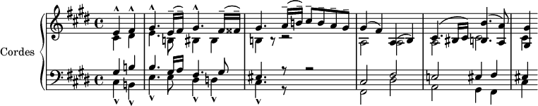 
\version "2.14.2"
\header {
  tagline = ##f
}
upper = \relative c' {
  \clef treble
  \key cis \minor
  \time 4/4
  \tempo 4 = 50
  \set Score.currentBarNumber = #4
  \set Staff.midiInstrument = #"string ensemble 1"
  %\autoBeamOff

  \partial 2
  << { e4-^ fis-^ gis4.-^ e16--( fis--) gis4.-^ fis16--( fisis--) gis4. a16--( b!--) cis8-- b-- a-- gis-- } \\ { cis,4 dis e4. b!8 bis4 bis b! r8 r2} >>
  << { gis'4( fis) a,( b) cis4.( bis16 cis) < b' b, >4.( < a a, >8) < gis gis, >4 } \\ { a,2 a a cis cis4 }   >> 

}

lower = \relative c' {
  \clef bass
  \key cis \minor
  \time 4/4
  \set Staff.midiInstrument = #"string ensemble 1"

   << { gis4 b! b4. gis16 a fis4. gis8 eis4. r8 r2 } \\ { cis4-^ b!-^ e4.-^ e8 dis4-^ d!-^ cis4.-^ r8 } >>
   << { cis2 fis e! eis4 fis eis } \\ { fis,2 dis' a gis4 fis cis' } >>
   
} 

\score {
  \new PianoStaff <<
    \set PianoStaff.instrumentName = #"Cordes"
    \new Staff = "upper" \upper
    \new Staff = "lower" \lower
  >>
  \layout {
    \context {
      \Score
      \remove "Metronome_mark_engraver"
    }
  }
  \midi { }
}
