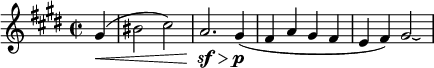 
\relative g' {
 \key cis \minor \time 2/2
 \set Score.tempoHideNote = ##t \tempo 2 = 44
 \set Staff.midiInstrument = "violin"
 \partial 4 gis(\< |
 bis2 cis) | a2.\sf\> gis4\p(| fis a gis fis | e fis) gis2\laissezVibrer |
}
