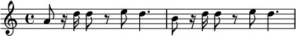 {\set Staff.midiInstrument = #"trumpet" a'8 r16 d''16 d''8 r8 e''8 d''4. b'8 r16 d''16 d''8 r8 e''8 d''4.}