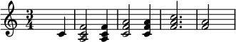 {\set Staff.midiInstrument = #"dulcimer" \time 3/4 \skip2 c'4 <a c' f'>2 <a c' f'>4 <c' f' a'>2 <c' f' a'>4 <f' a' c''>2. <f' a'>2 \skip4}