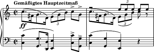 
{ \new PianoStaff <<
 \new Staff <<
 \set Score.tempoHideNote = ##t \new Voice \tempo "Gemäßigtes Hauptzeitmaß" 2 = 40 \relative e'' {
 \clef "treble" \key c \major \stemUp \time 2/2 | % 1
 s1 \ff | % 2
 r2 \once \override TupletBracket #'stencil = ##f
 \times 2/3 {
 e8 e8 e8
 }
 e8\noBeam [e8] }
 \relative c'' {
 \clef "treble" \key c \major \stemDown \time 2/2 | % 1
 c8. ( fis,16 g8. d16
 ) \once \override TupletBracket #'stencil = ##f
 \times 2/3 {
 e8 ( g8 b8 )
 }
 c8\noBeam [-> g8] -> | % 2
 c8. ( fis,16 g8. d16 ) \once \override TupletBracket #'stencil = ##f
 \times 2/3 {
 e8 _( g8 b8 )
 }
 c8\noBeam r8
 } >>
\new Staff \relative c { \set Staff.midiInstrument = #"piano" \key c \major \clef bass \time 2/2
 \clef "bass" \key a \major \time 2/2 <c c'>4 ( <g g'>8. <d d'>16 <e
 e'>4 ) <c' c'>8 -> <g g'>8 -> | % 2
 <c c'>4 ( <g g'>4 <e e'>4 ) r4 }
>> }
