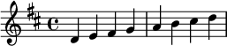  \relative c' { \clef treble\key d \major d e fis g | a b cis d } 