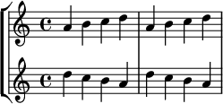 
\relative c'' {
  \new StaffGroup <<
    \new Staff {
      a b c d a b c d
    }
    \new Staff {
      d c b a d c b a
    }
  >>
}
