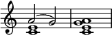 
{
    \override Score.TimeSignature #'stencil = ##f
    \new Staff <<
    \new Voice \relative c'' {
        \time 4/4
        \voiceOne a2( g)
    }
    \new Voice \relative c' {
        \time 4/4
        \voiceTwo <c e>1 <c e g a>
    }
>>
}
