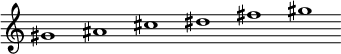 
 \relative c''  {\override Score.BarLine.stencil = ##f \override Score.TimeSignature.stencil = ##f gis1 ais cis dis fis gis }
