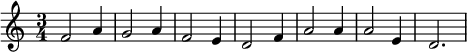 \relative c'{\set Staff.midiInstrument = #"electric piano 2"  \once \hide Score.MetronomeMark \tempo 4 = 85 \time 3/4 f2 a4 g2 a4 f2 e4 d2 f4 a2 a4 a2 e4 d2.}