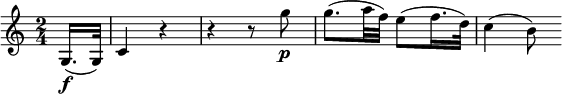  \relative g {
\key c \major \time 2/4
\partial 8 g16.( \f g32) | c4 r | r4 r8 g'' \p
g8.( a32 f) e8( f16. d32) | c4( b8)
} 