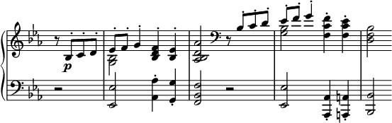 
 \relative c' {
  \new PianoStaff <<
   \new Staff \with { \remove "Time_signature_engraver" } { \key c \minor \time 2/2 \partial 2
    <<
     {
      b'8\rest bes,-. c-. d-. es-. f-. g4-. <f d bes>-. <es bes>-. <aes d, bes aes>2 \clef bass
      d,,8\rest bes'8-. c-. d-. es-. f-. g4-. \stemDown <f c f,>-. <es c f,>-. <bes f d>2
     }
    \\
     { s2 <bes g>2 s s1 <bes g>2 }
    >>
   }
   \new Dynamics {
    s8 s4.\p
   }
   \new Staff \with { \remove "Time_signature_engraver" } { \key c \minor \time 2/2 \clef bass
    r2 <es, es,>2 <aes aes,>4-. <g g,>-. <f bes, f>2 r <es es,> <aes, aes,>4-. <a a,>-. <bes bes,>2
   }
  >>
 }
