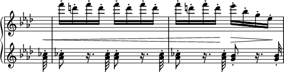 
 \relative c' {
  \new PianoStaff <<
   \new Staff \with { \remove "Time_signature_engraver" } { \key aes \major \time 2/4 \partial 32
    s32 f''16-. d-. f-. d-. f-. d-. f-.d-. f-. d-. f-. d-.  es-. bes-. g-. es-.
   }
   \new Dynamics {
    s32\< s2 s8. s16\! s8\> s16 s16\!
   }
   \new Staff \with { \remove "Time_signature_engraver" } { \key aes \major \time 2/4 \partial 32
   \autoBeamOff 
    <ces aes>32-. <ces aes>8-. r16. <ces aes>32-. <ces aes>8-. r16. <ces aes>32-. <ces aes>8-. r16. <ces aes>32-. <bes g>8-. r16. <bes g>32-.
   }
  >>
 }
