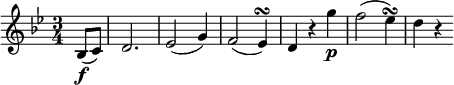  \relative bes {
\key bes \major \time 3/4
\partial 4 bes8(\f c) d2. es2( g4) f2( es4) \turn
d4 r g'4 \p f2( es4) \turn d4 r
} 