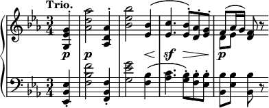 
 \relative c' {
  \new PianoStaff <<
   \new Staff { \key es \major \time 3/4 \tempo "Trio." \partial 4
    <<
     { <g' es g,>4-. \once \stemDown <aes' d, aes>2 <aes, d, aes>4-. \once \stemDown <bes' es, bes>2 <bes, es,>4(
      <c es,>4. <bes es,>8-.) <aes d,>-. <g es>-. f( aes16 g) <f d>8 b\rest }
    \\
     { s4 s2. s2. s2. d,8 es s4 }
    >>
   }
   \new Dynamics {
    s4\p a2.\p s2 s4\< s4.\sf s4.\> s4\p s4
   }
   \new Staff { \key es \major \time 3/4 \clef bass
    <es, bes es,>4-. <f' bes, f>2 <f, bes, f>4-. <g' es g,>2 <bes, f>4(
    <c aes>4. <bes g>8-.) <bes f>-. <bes es,>-. <bes bes,>[ <bes es,>] <bes bes,> r
   }
  >>
 }
