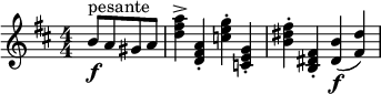 
\relative c'' {
  \new PianoStaff <<
   \new Staff 
     { \key d \major  \time 4/4 \numericTimeSignature
       \partial 4*2 b8\f^\markup { pesante}  a gis a <a' fis d>4-> <a, fis d>-. <g' e c >-. <g, e c >-. <fis' dis b>-. <fis, dis b>-. <b dis,>\f-( <dis fis,>-)  }
  >> }
