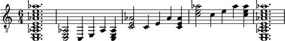  {
\clef "treble_8"
\time 6/4
< c, e, aes, c e aes c' e' aes' >1.
||
< c, e, aes, >2
<c,>4
<e,>4
<aes, >4
< c, e, aes, >4
||
< c e aes >2
<c >4
<e >4
<aes >4
< c e aes >4
||
<c' e' aes' >2
<c' >4
<e' >4
<aes' >4
< c' e' aes' >4
||
<c, e, aes, c e aes c' e' aes'>1.
}
