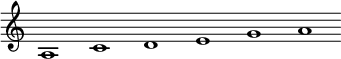 
 \relative c'  {\override Score.BarLine.stencil = ##f \override Score.TimeSignature.stencil = ##f a1 c d e g a}
