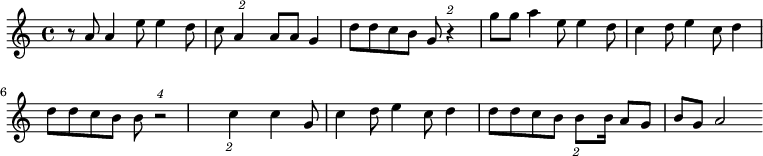 
\relative c' {\clef treble
\key c \major
r8 a'8 a4 e'8 e4 d8 c8 \times 3/2 {a4} |
a8 a8 g4 d'8 d8 c8 b8 g8 \times 3/2 {r4} |
g'8 g8 a4 e8 e4 d8 c4 d8 e4 c8 d4 d8 d8 c8 b8 b8 \times 5/4 {r2} |
\times 3/2 {c4} c4 g8 c4 d8 e4 c8 d4 d8 d8 c8 b8 \times 3/2 {b8} | b16 a8 g8 b8 g8 a2
}