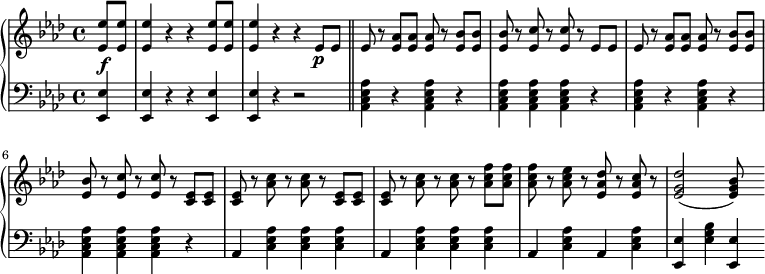 
 \relative c' {
  \new PianoStaff <<
   \new Staff { \key f \minor \time 4/4
    \set Score.tempoHideNote = ##t
     \tempo "" 2. = 64
      \partial 4 <ees ees'>8 <ees ees'> <ees ees'>4 r r <ees ees'>8 <ees ees'> <ees ees'>4 r r ees8\p ees \bar "||" ees r <ees aes> <ees aes> <ees aes> r <ees bes'> <ees bes'> <ees bes'> r <ees c'> r <ees c'> r ees8 ees ees r <ees aes> <ees aes> <ees aes> r <ees bes'> <ees bes'> <ees bes'> r <ees c'> r <ees c'> r <ees c> <ees c> <ees c> r <aes c> r <aes c> r <ees c> <ees c> <ees c> r <aes c> r <aes c> r <aes c f> <aes c f> <aes c f> r <aes c ees> r <ees aes des> r <ees aes c> r <ees g des'>2( <ees g bes>8)
      }
   \new Dynamics {
    s\f
      }
   \new Staff { \key f \minor \time 4/4 \clef bass
        <ees, ees,>4 <ees ees,> r r <ees ees,> <ees ees,> r r2 <aes, c ees aes>4 r <aes c ees aes> r <aes c ees aes> <aes c ees aes> <aes c ees aes> r <aes c ees aes>4 r <aes c ees aes> r <aes c ees aes> <aes c ees aes> <aes c ees aes> r aes <c ees aes> <c ees aes> <c ees aes> aes <c ees aes> <c ees aes> <c ees aes> aes <c ees aes> aes <c ees aes> <ees ees,> <ees g bes> <ees ees,>
      }
  >>
 }
