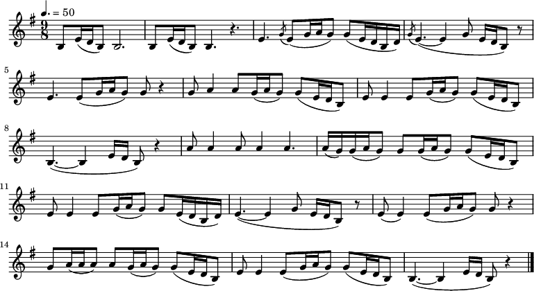 
\relative e' { \key e \minor \time 9/8  \tempo 4. = 50 \set Staff.midiInstrument = #"violin"
b8 e16( d b8) b2.| b8 e16( d b8) b4. r4.| e4. \acciaccatura g8 e8( g16 a g8) g8( e16 d b d)| \acciaccatura g8 e4. ~ ( e4 g8 e16 d16 b8 ) r8|
e4. e8( g16 a g8) g8 r4| g8 a4 a8 g16( a g8) g8( e16 d b8)|e8 e4 e8 g16( a g8) g8( e16 d b8)| b4. ~ ( b4 e16 d16 b8 ) r4|
a'8 a4 a8 a4 a4.| a16( g) g16( a g8) g8 g16( a g8) g8( e16 d b8)| e8 e4 e8 g16( a g8) g8 e16( d b d)| e4. ~ ( e4 g8 e16 d16 b8 ) r8|
e8( e4) e8( g16 a g8) g8 r4| g8 a16( a a8) a8 g16( a g8) g8( e16 d b8)| e8 e4 e8( g16 a g8) g8( e16 d b8)| b4. ~ ( b4 e16 d16 b8 ) r4 \bar "|."}
\addlyrics {
아 리 랑 아 리 랑 아 라 리 요
아 리 랑 고 개 고 개 로 나 를 넘 겨 주 게
눈 이 올 려 나 비 가 올 려 나 억 수 장 마 질 려 나
만 수 산 검 은 구 름 이 막 모 여 든 다}
