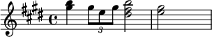 {\key e \major \time 4/4 <gis'' b''>4 \times 2/3 {gis''8 e'' gis''} <dis'' fis'' b''>2 <e'' gis''> \skip2}